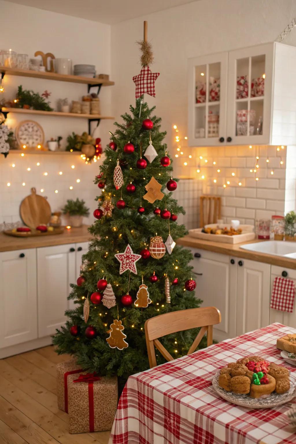 A charming Christmas tree embellished with spicebread-themed decors and vibrant lights, filling the area with celebration cheer.