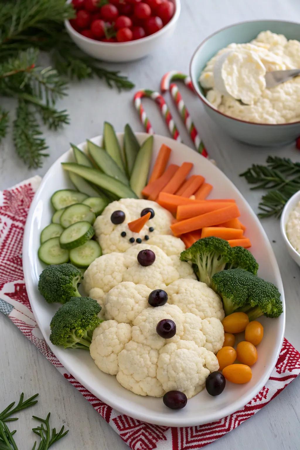 An adorable frosty friend veggie tray to brighten your holiday table.