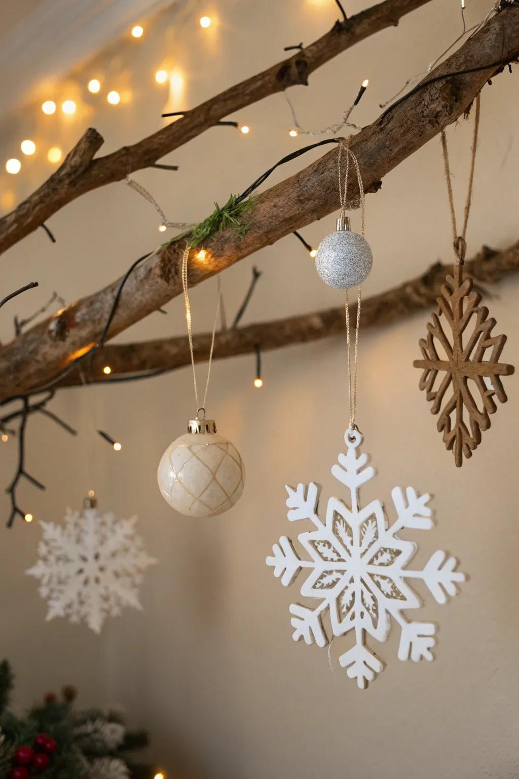 An unpolished limb conveys eccentric allure to the holiday ornamentation.