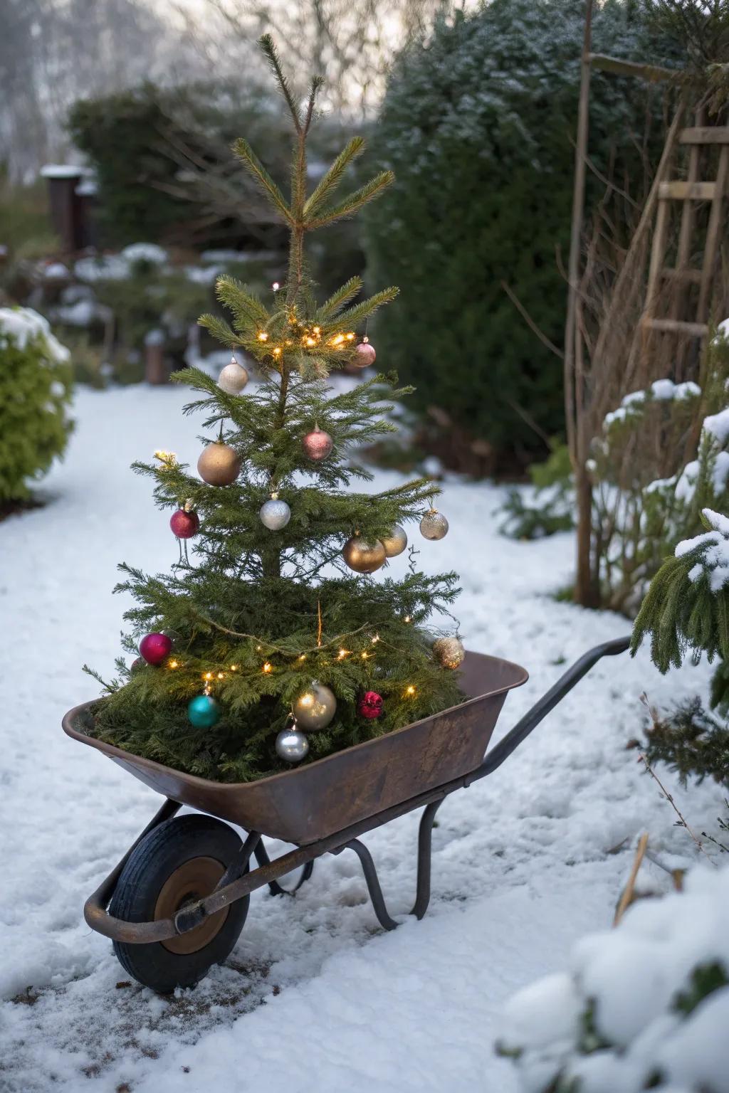 A mini Christmas tree adding festive charm to a wheelbarrow display.
