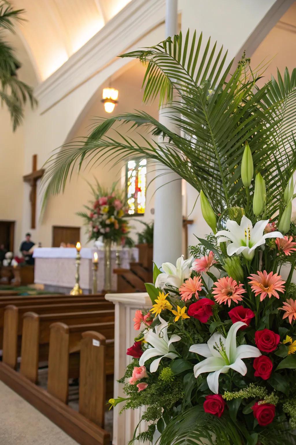 Bright floral highlights complementing palm arrangements.