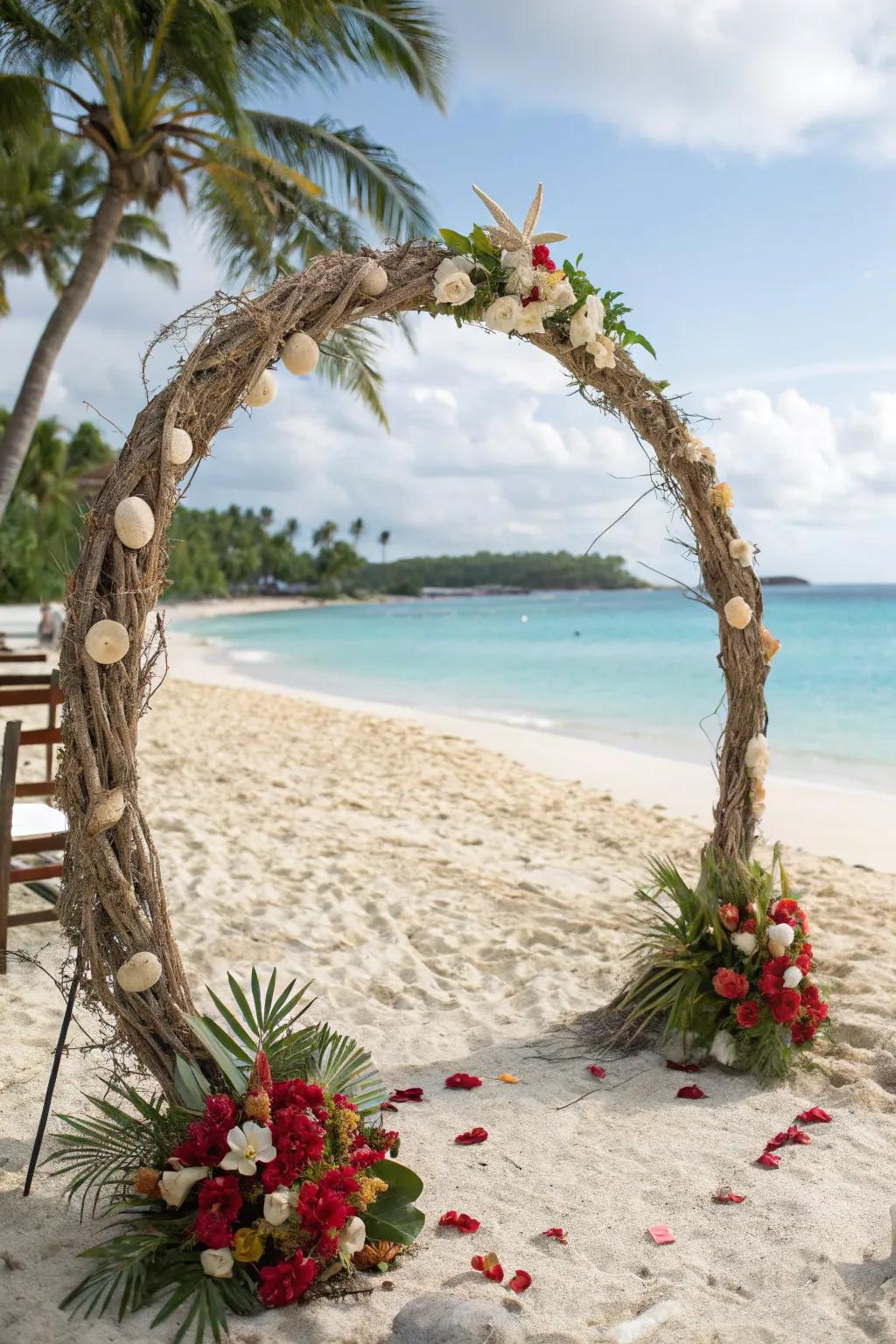 A beach-themed circle arch adorned with oceanic elements.