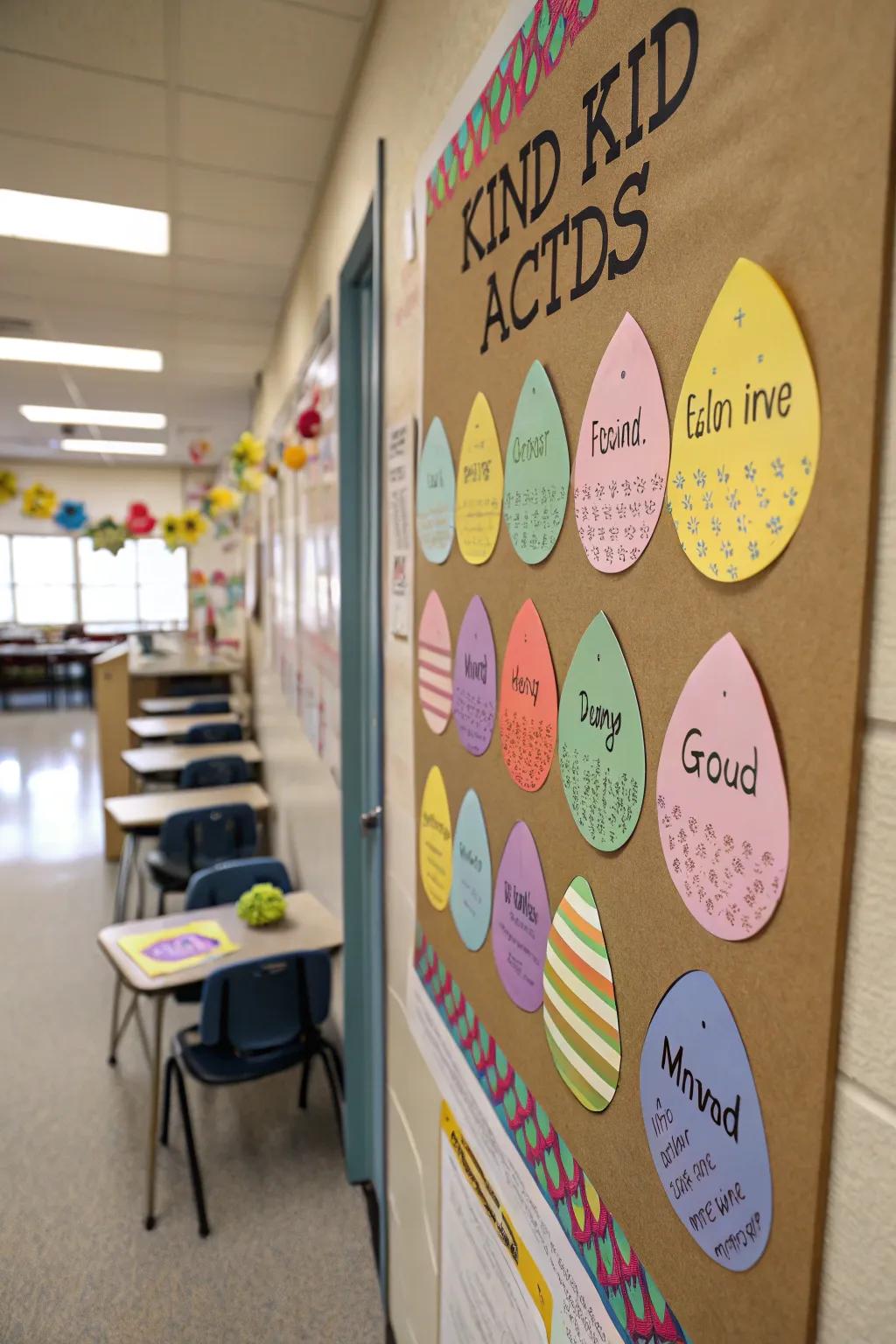 A niceness-inspired bulletin board that promotes good actions through Easter spheres.