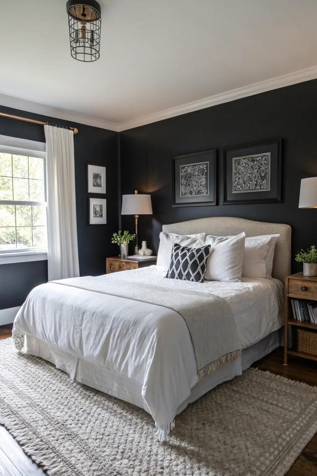 Bold dark walls establish a striking and intimate setting.