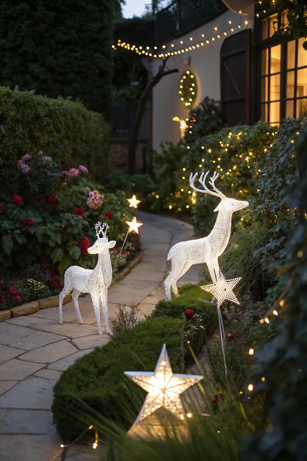Decorative highlights with deer and stars in the garden.