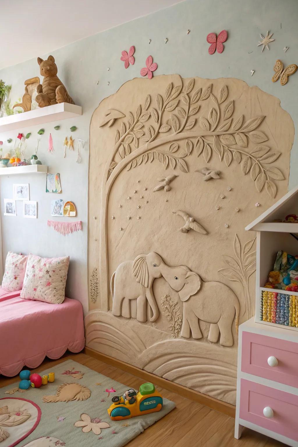 Whimsical animal clay relief sculpture, adding charm and storytelling to any space.