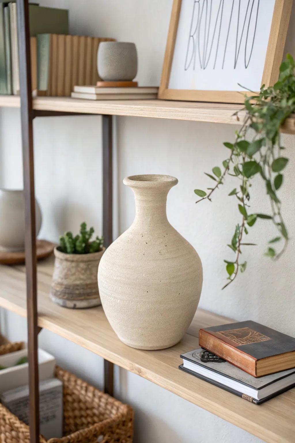 A minimalist flat-finish earthenware container adding elegance to a polished area.