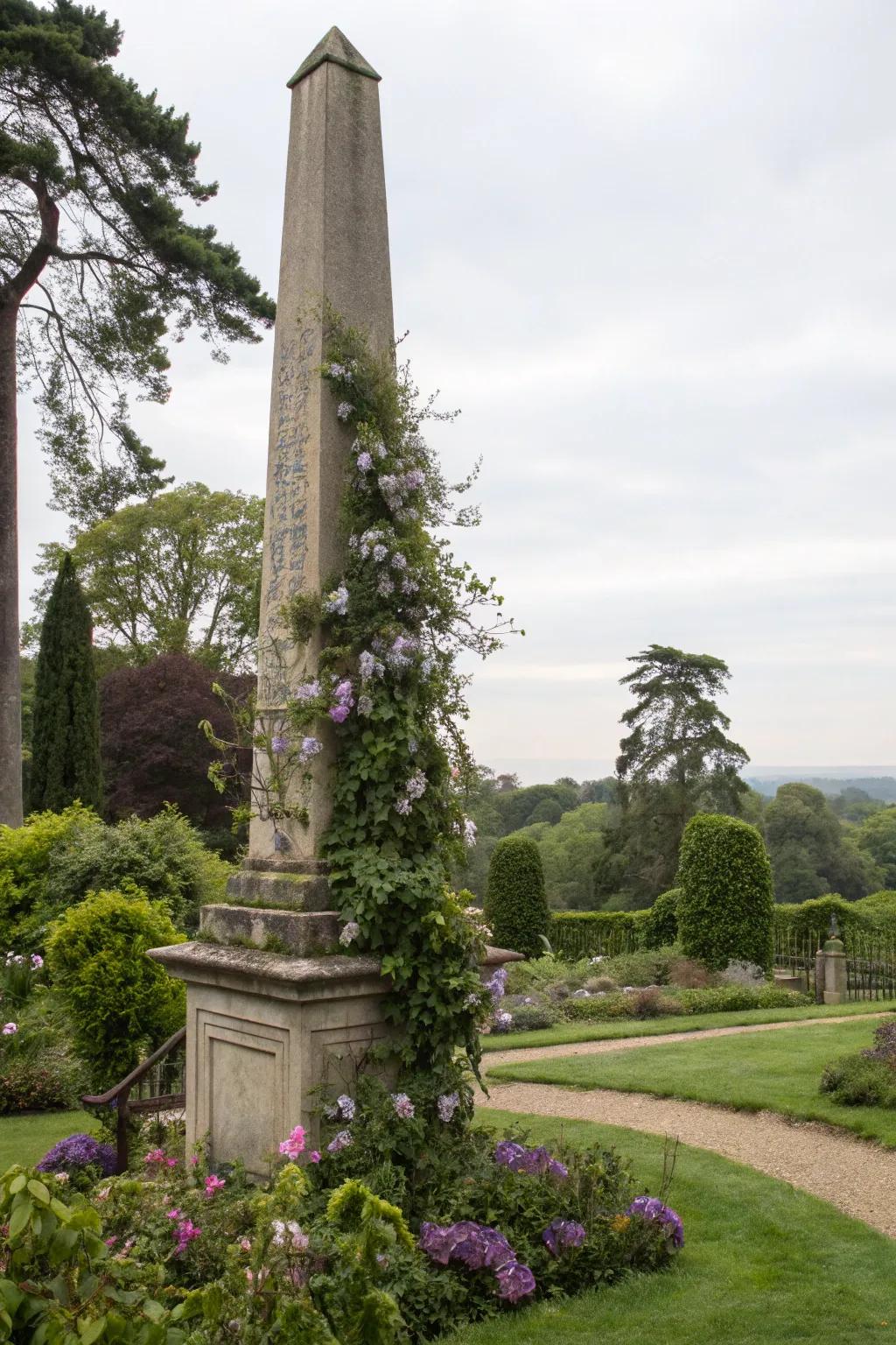 Clematis growth is dramatically displayed on a detached obelisk.