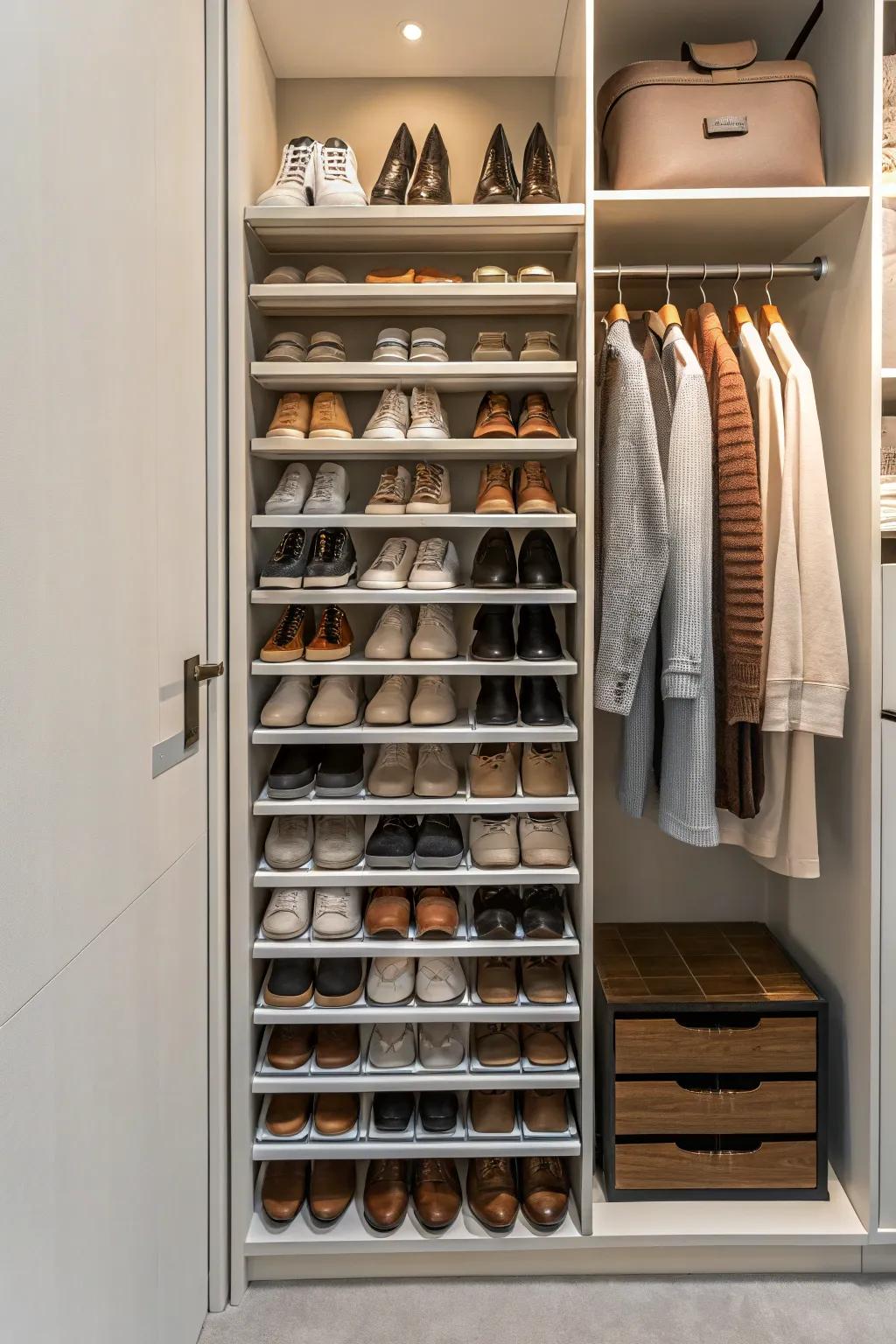 Enjoy the extra space gained by using a practical, stylish shoe rack.