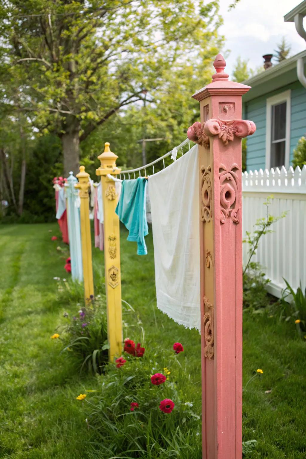 Brighten your clothesline with painted posts and brackets.