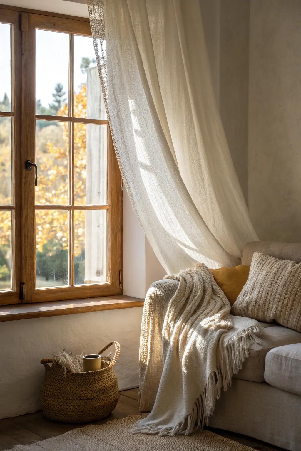 Light and airy textiles create an open, coastal atmosphere.