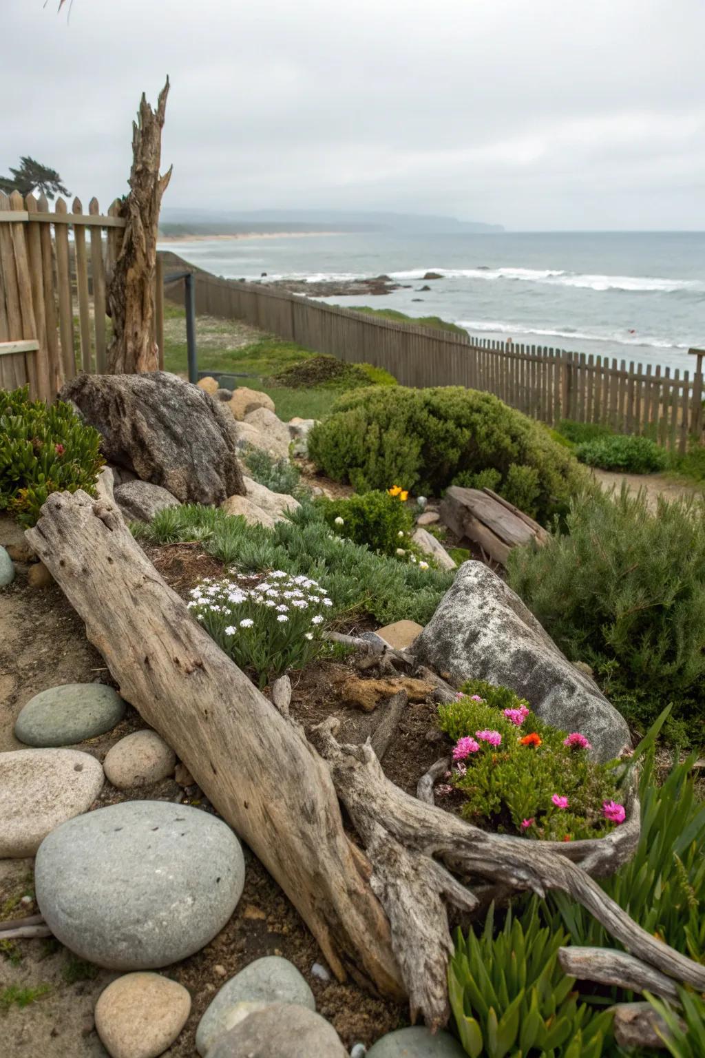 Earthy materials add authenticity and allure to a coastal garden.