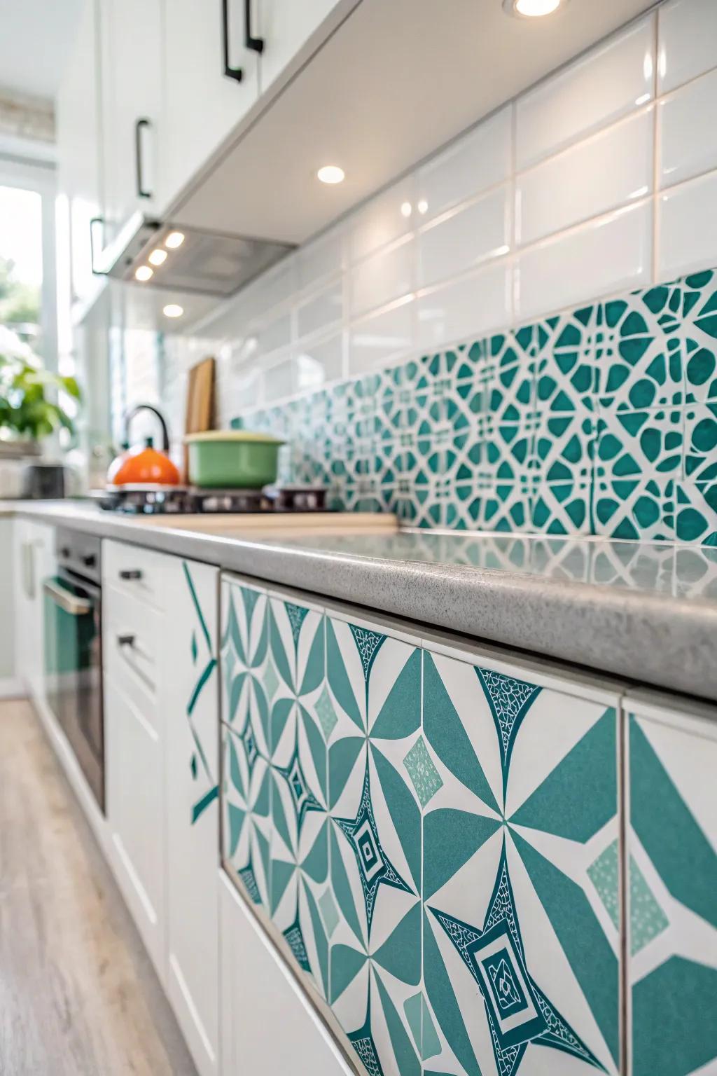 Geometric tiles contribute a cutting-edge element to coastal themes.