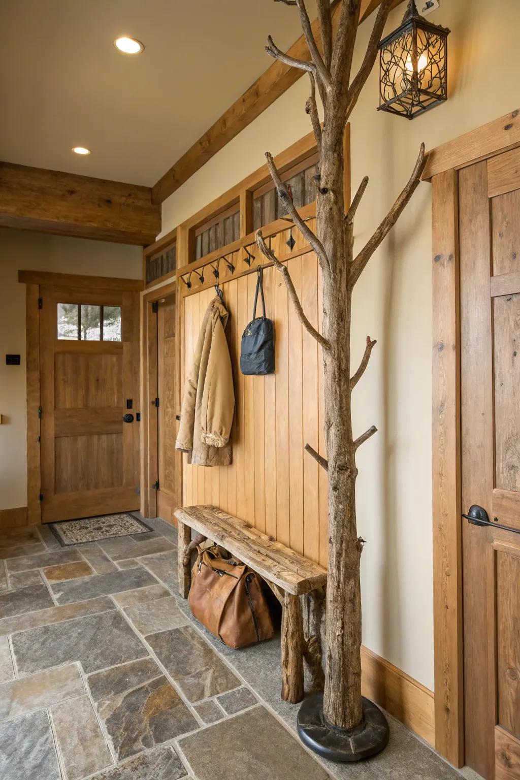 A rustic hanger constructed from timber limbs, enhancing the innate atmosphere of the entrance.