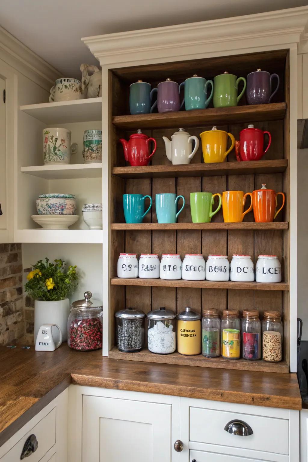 Open shelving allows your coffee and tea essentials to be easily accessible and beautifully showcased.