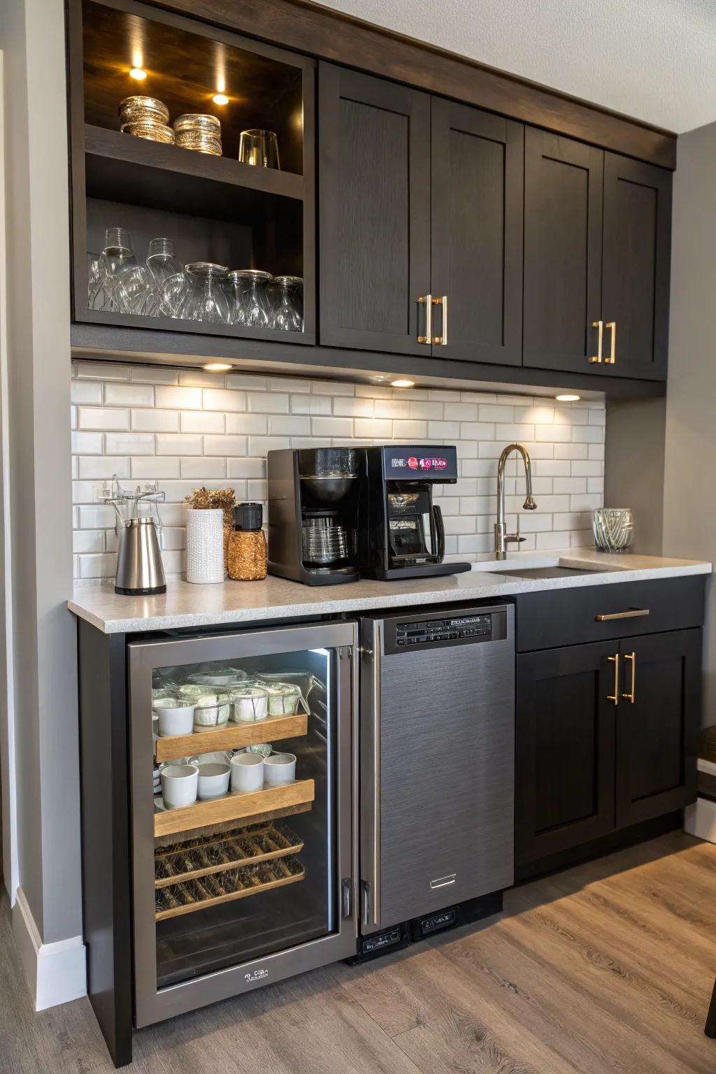 A perfectly integrated coffee bar with a small cooler.
