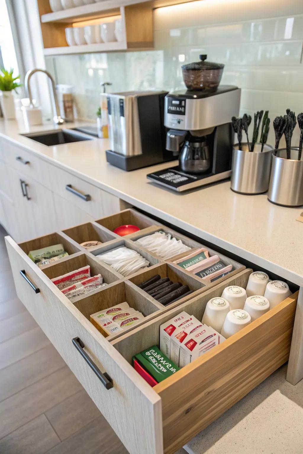 Condiment zones make your coffee preparations easier.