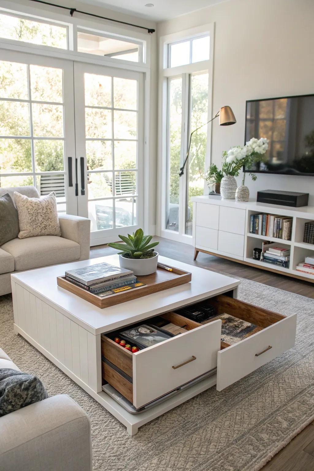 A multi-functional coffee table with storage, perfect for keeping a living room neat.