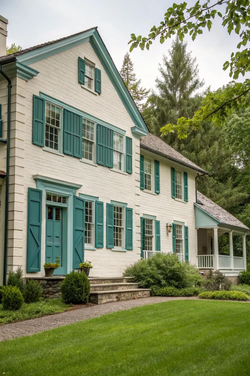 A dignified colonial house featuring a neutral frontage with subtle blue-green accents.