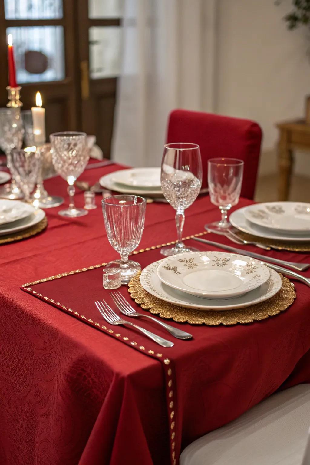 A vermillion table cover establishing a refined dining atmosphere.