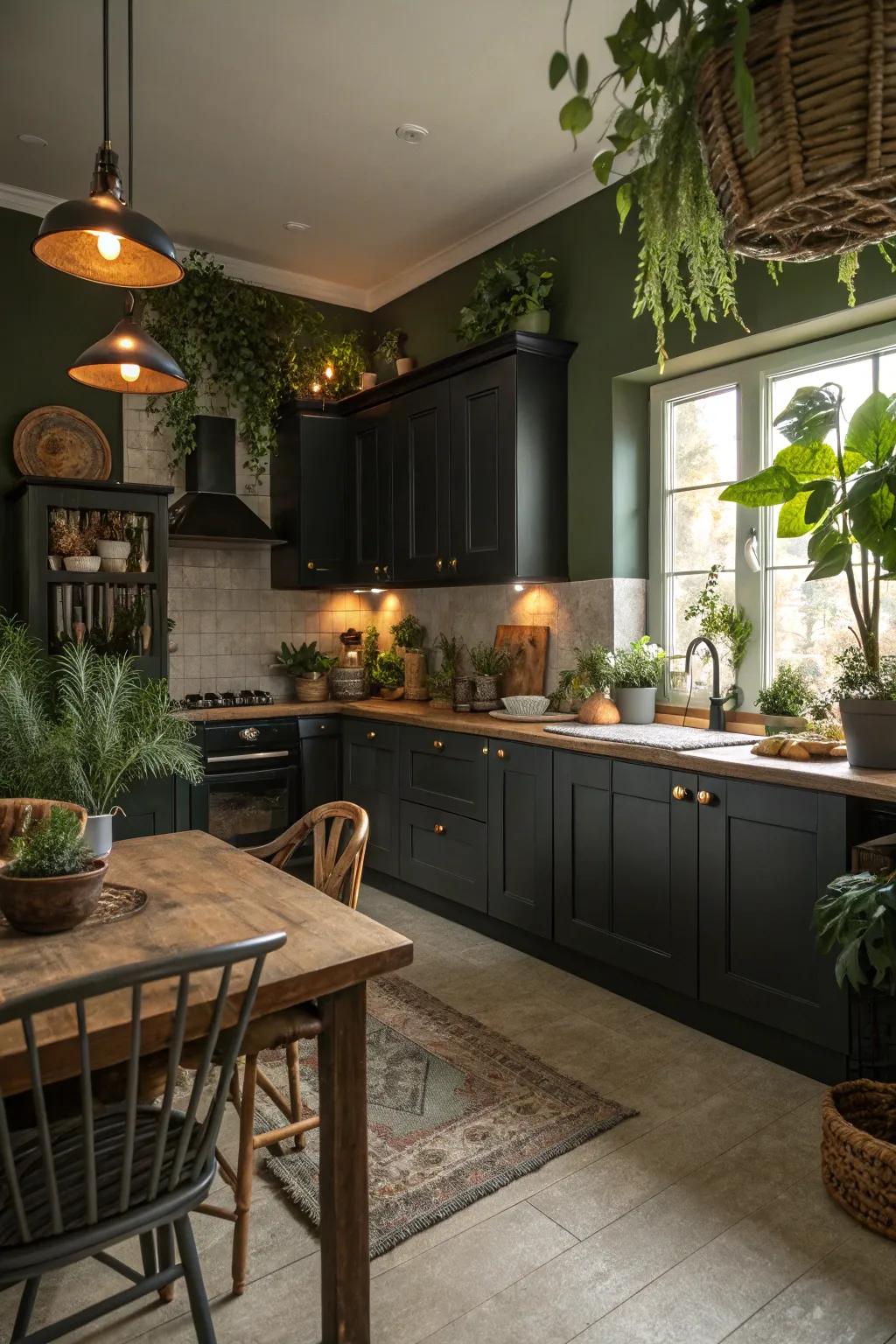 Dark cabinets alongside olive green walls create a peaceful and nature-inspired kitchen.