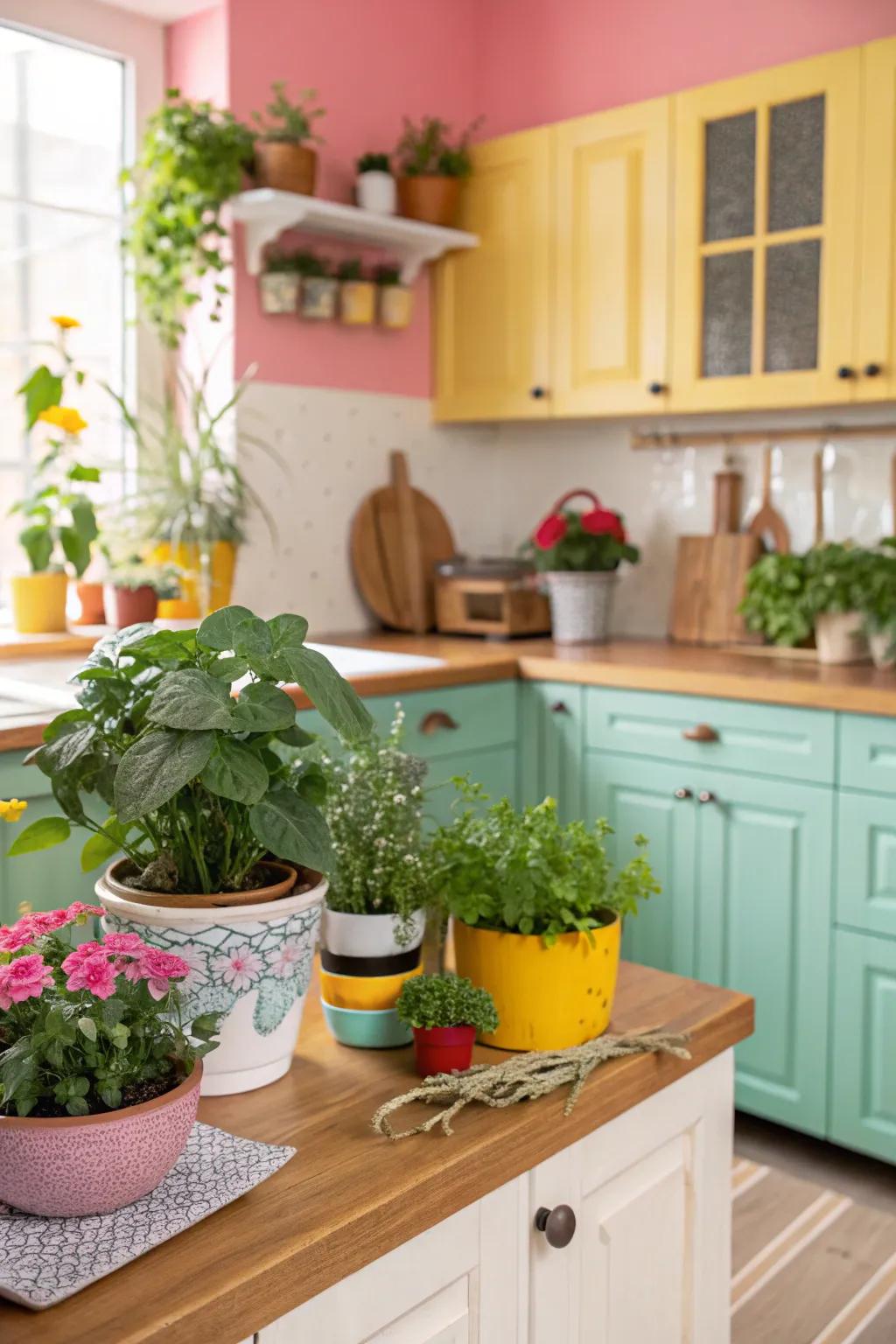 Plant life enhances the vibrant and organic feel of the cooking area.