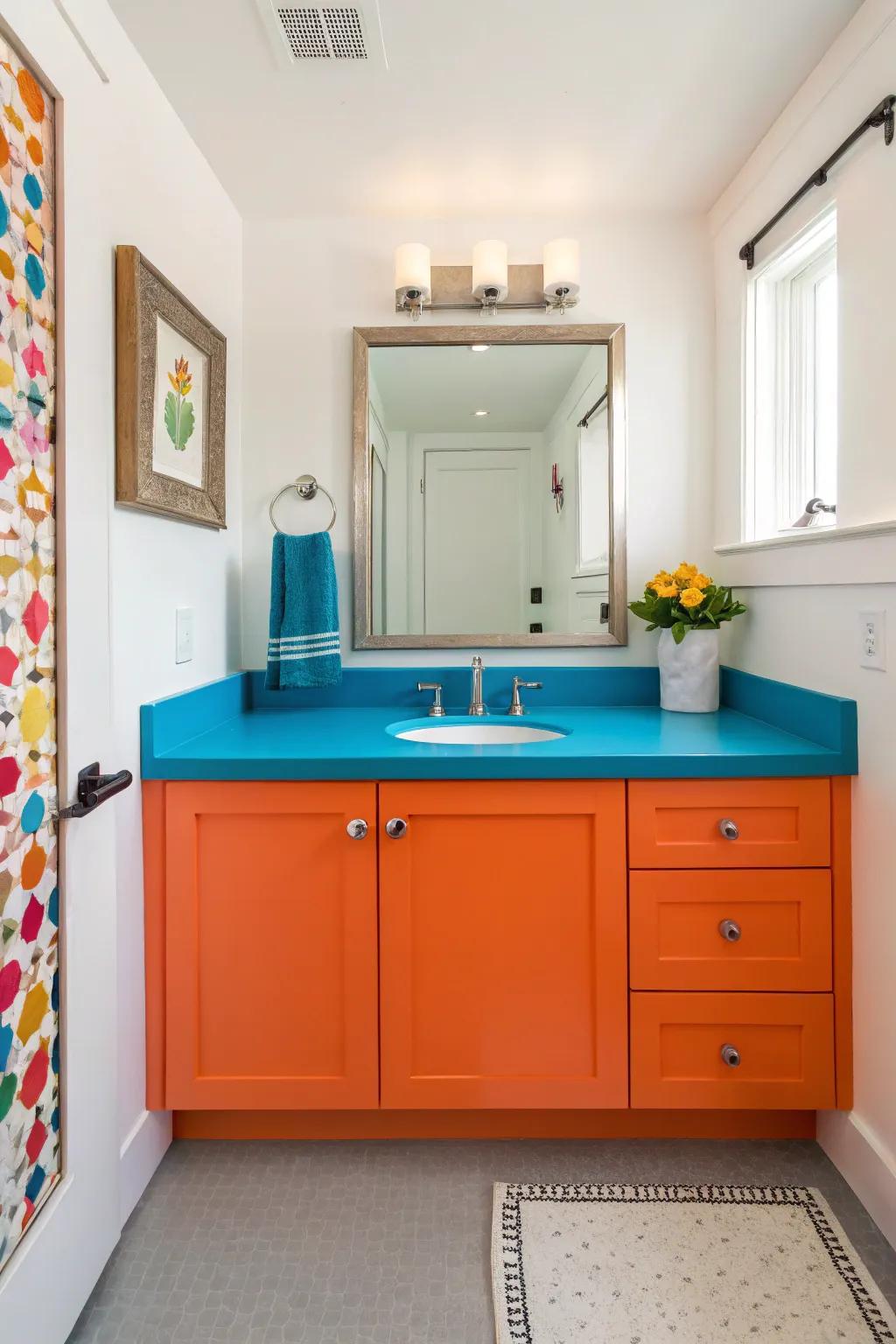 Contrasting colorful cabinetry adds flair to this guest bathroom.