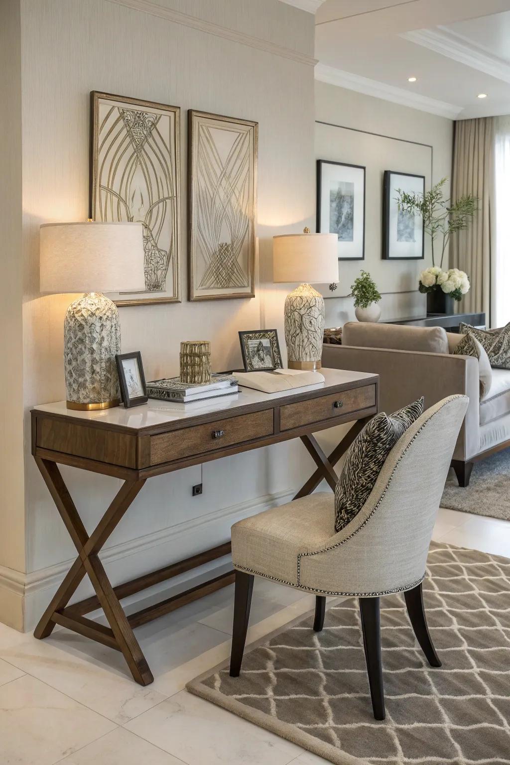 A console table effortlessly converts to a workspace.