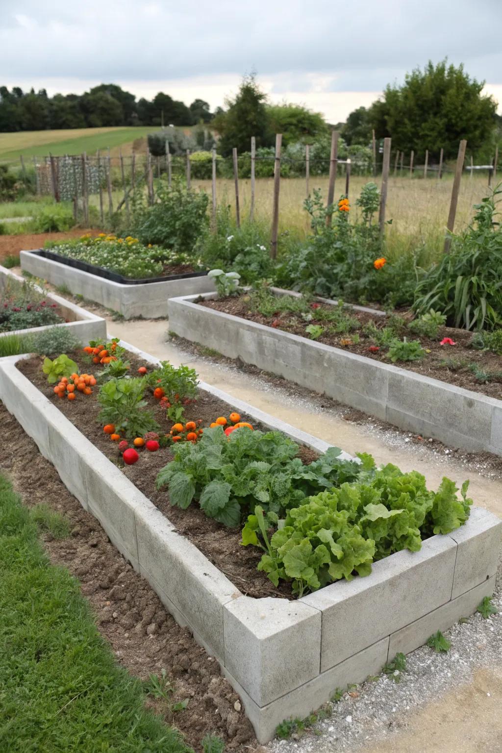 Raised garden beds structured with concrete edging.