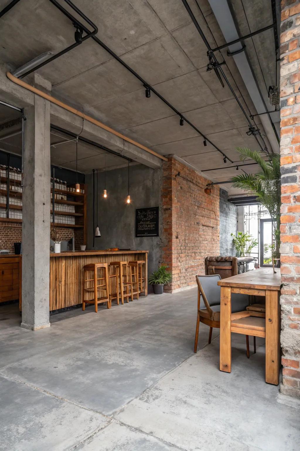 An industrial-style room features concrete floors and exposed brick.
