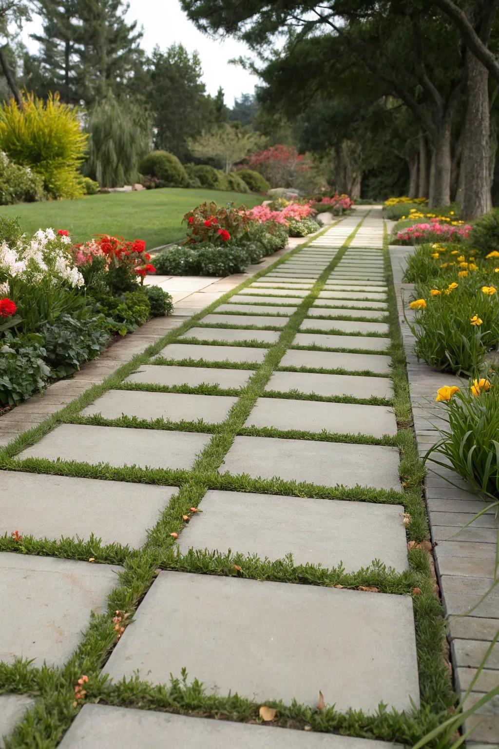 Grass inlays soften the aesthetic of concrete walkways.
