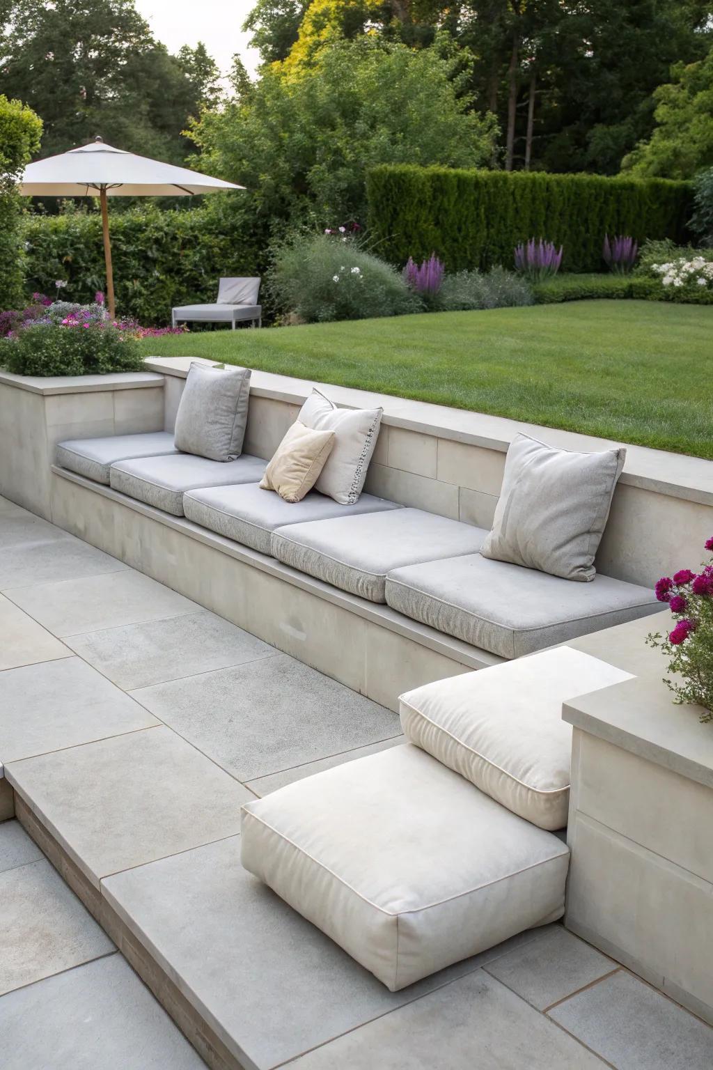 Integrated seating transforms patio borders into practical spaces.