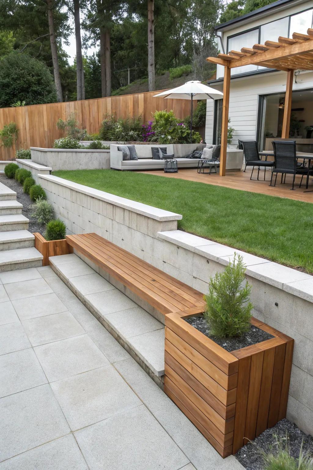 Mixing materials creates a unique and striking retaining wall.