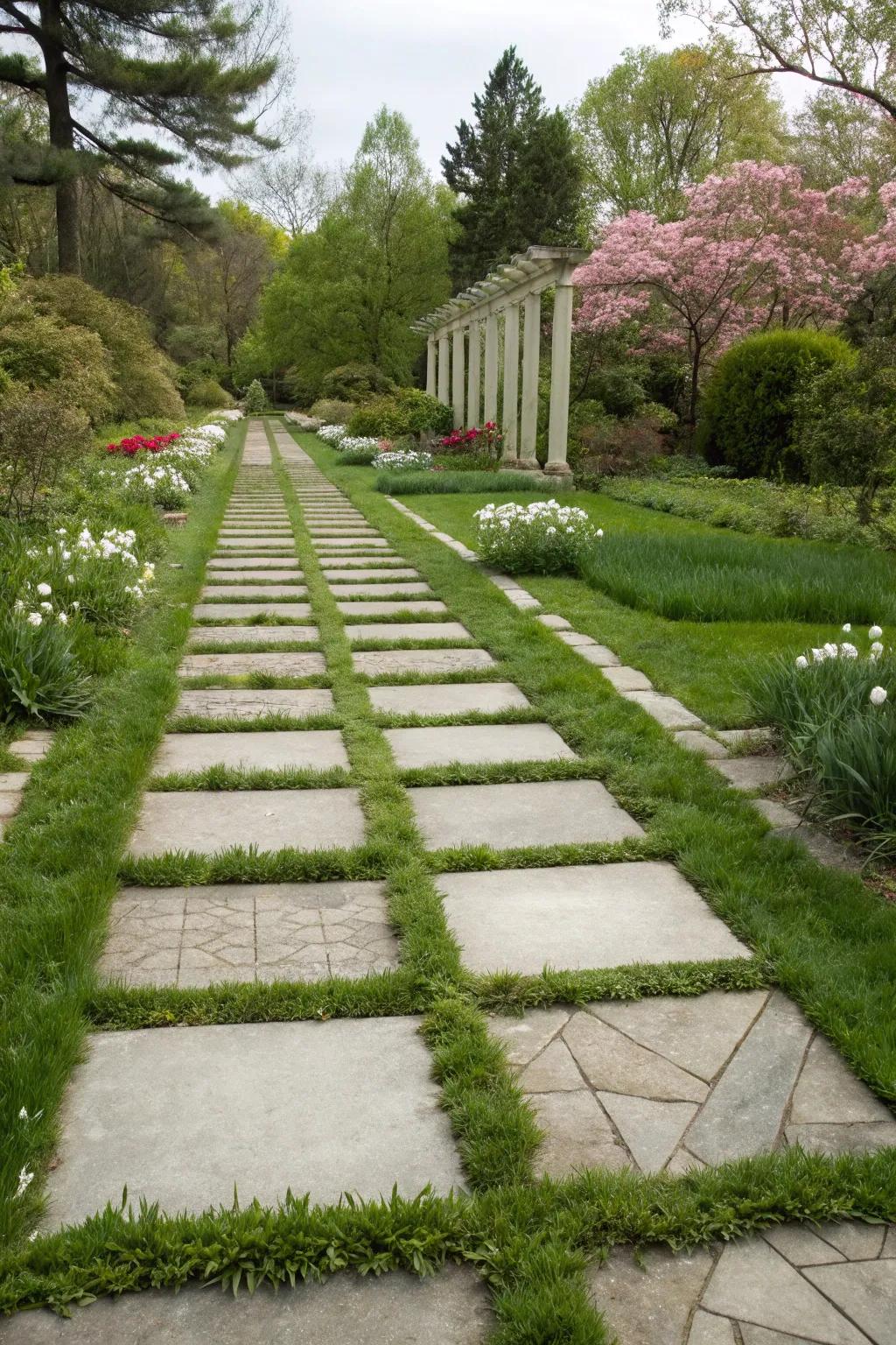 Blend concrete with nature for a serene path.