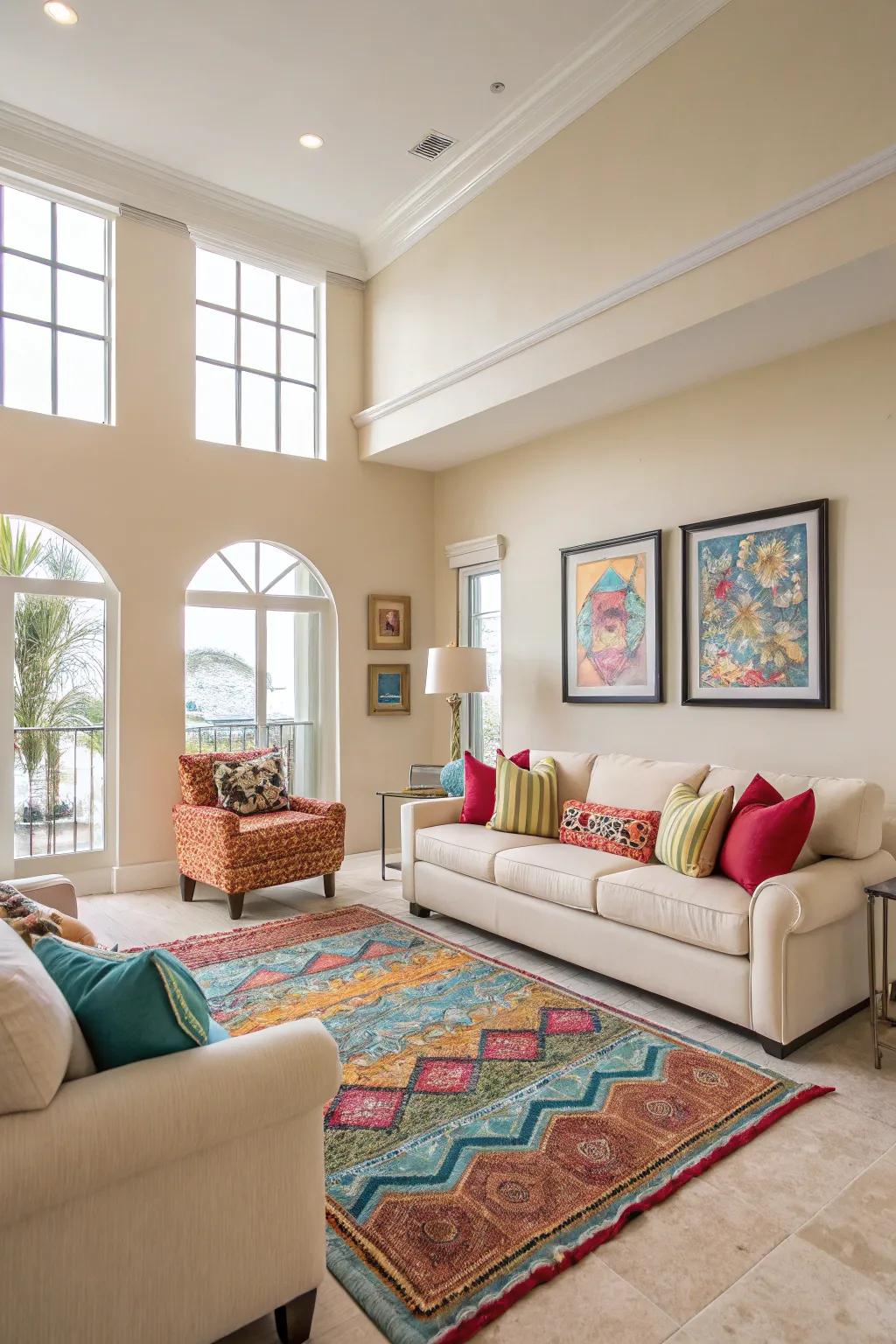 A condo interior featuring a neutral color scheme enhanced by colorful highlights.