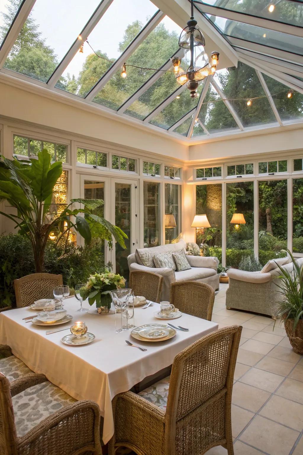A flexible conservatory space with designated areas for dining and unwinding.