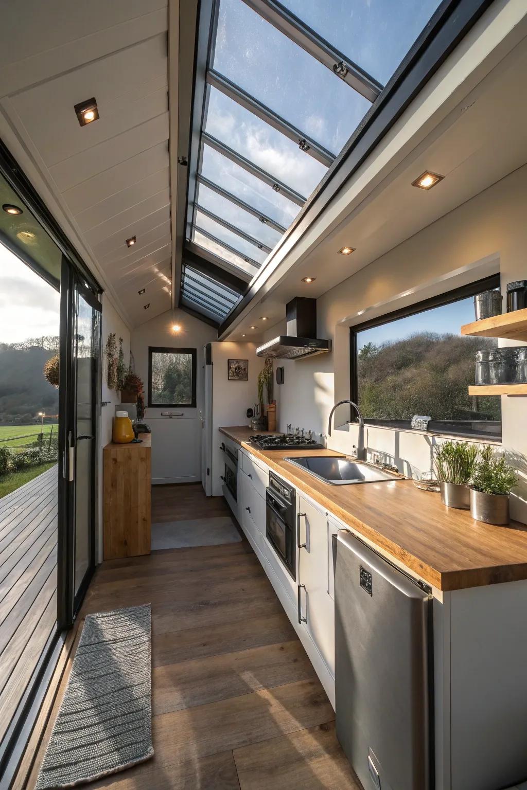 Above lights fill this container home's cooking area with natural light.