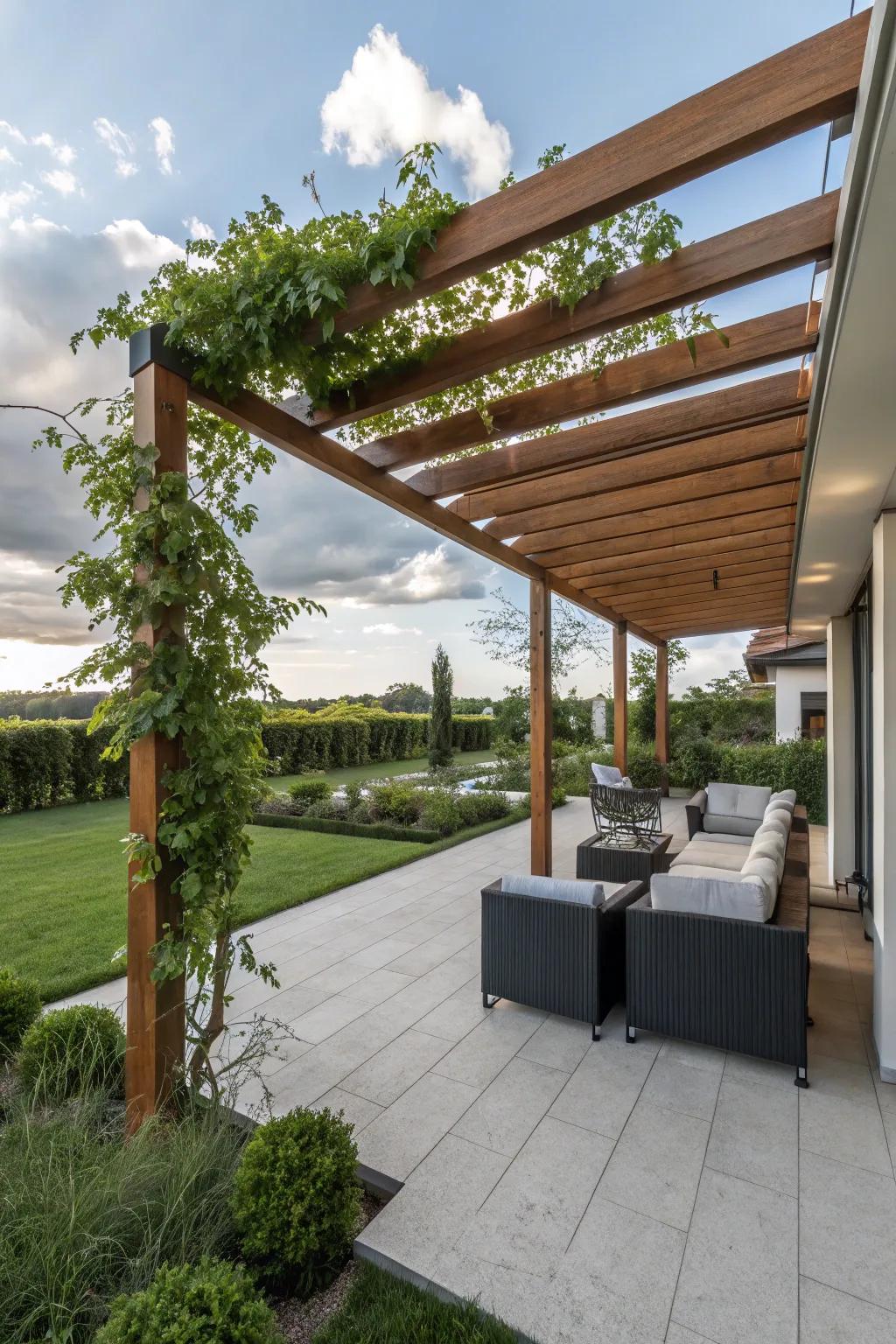 A chic wood pergola introducing charm and shade to a patio.