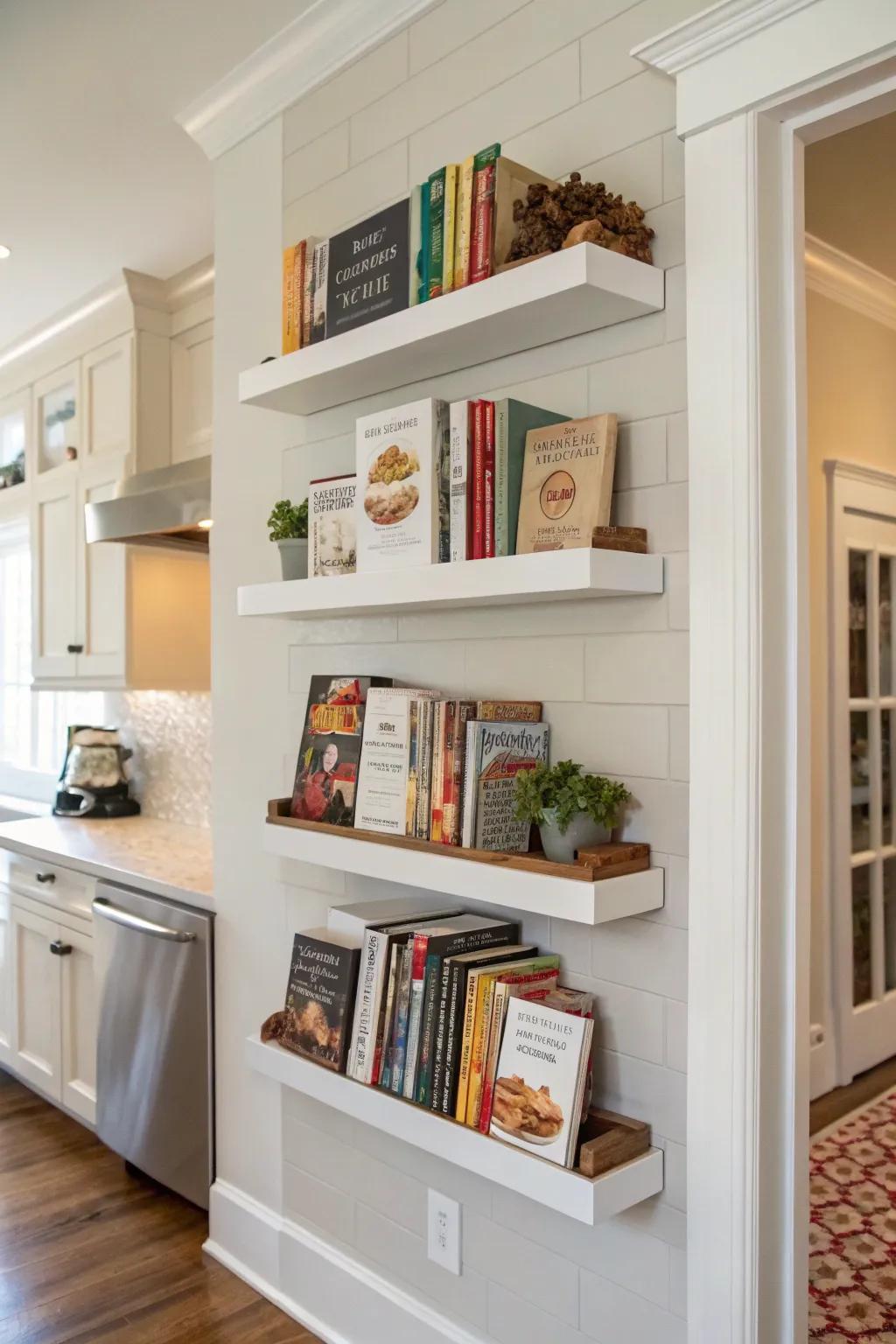 Floating shelves present a sleek method to exhibit your cookbook assortment.