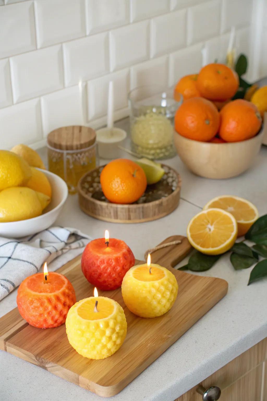 Fruit-shaped candles introduce a fresh, playful element.