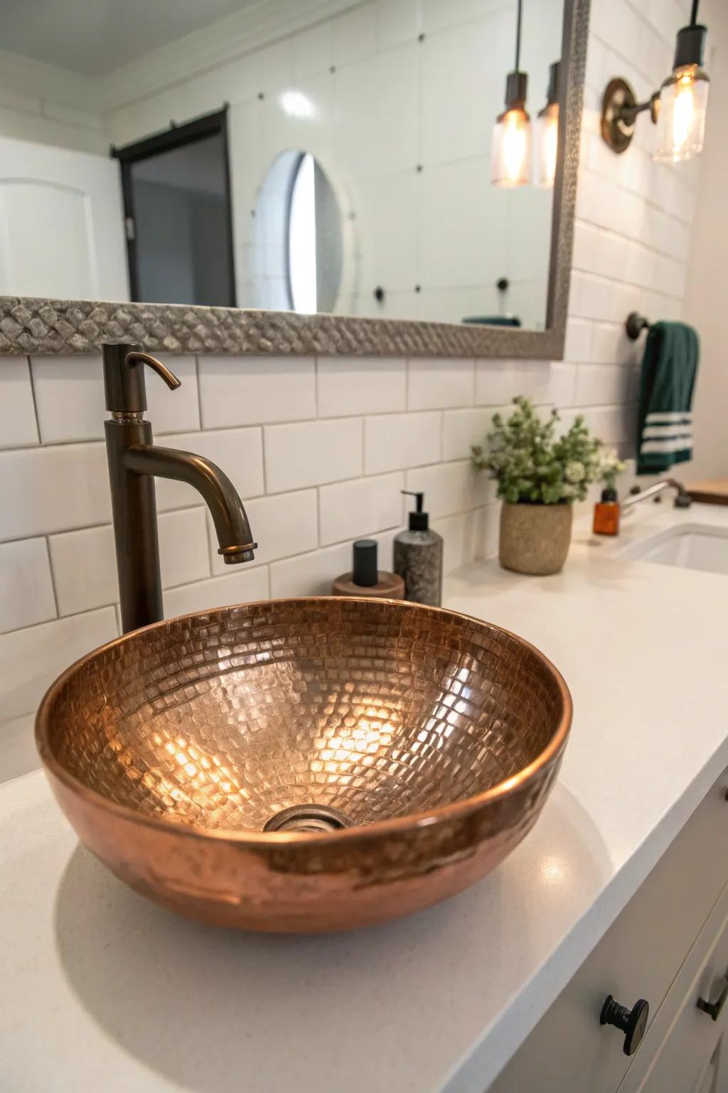 The textured finish of this bronze basin adds a layer of class to the bathroom decor.