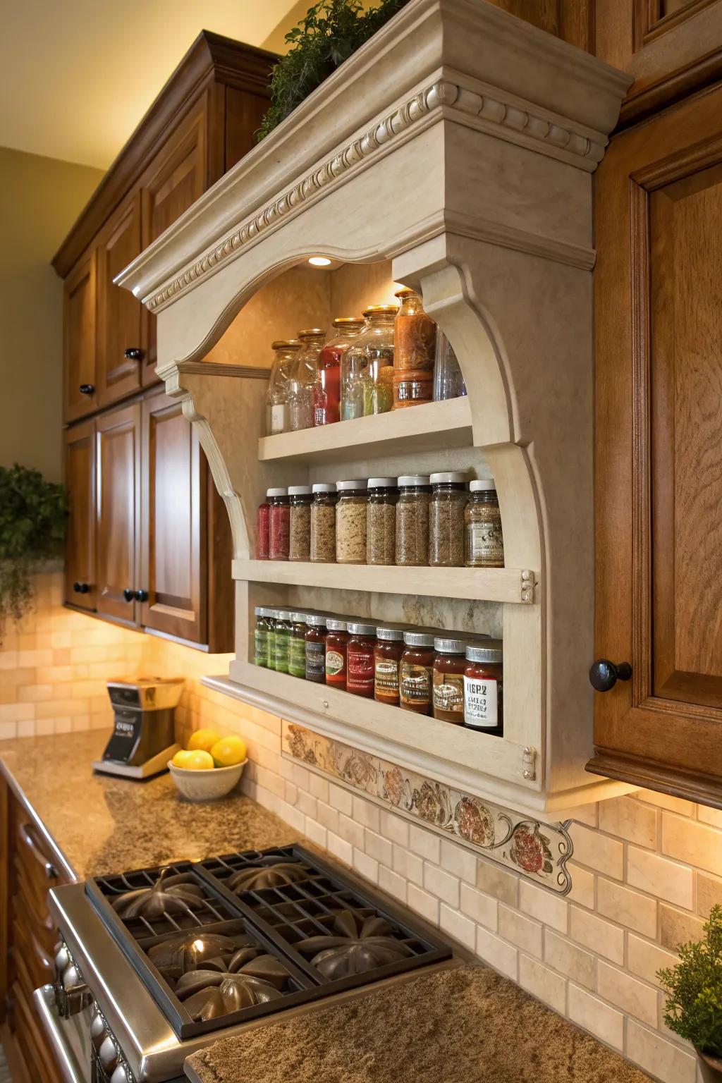 Kitchen spices are kept stylishly arranged on corbel shelves.
