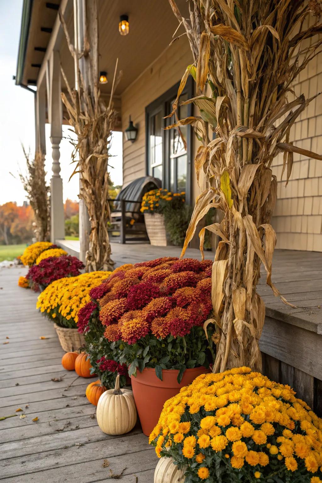 Brighten your deck through a vibrant display of dried corn stalks with chrysanthemums.