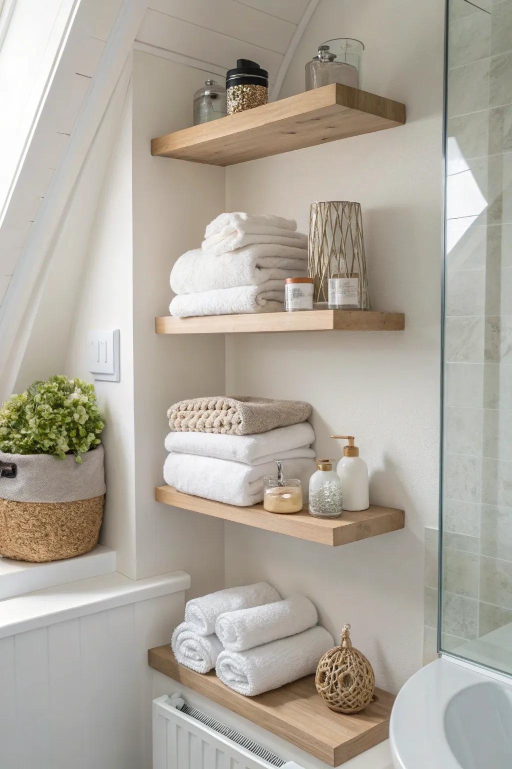 Bathroom corners benefit from floating shelves because they add storage and style.
