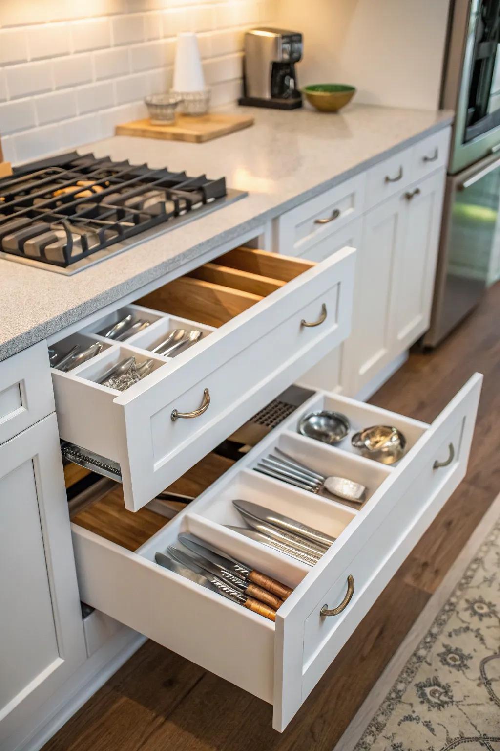 Corner drawers offer a clever method to keep your kitchen organized.