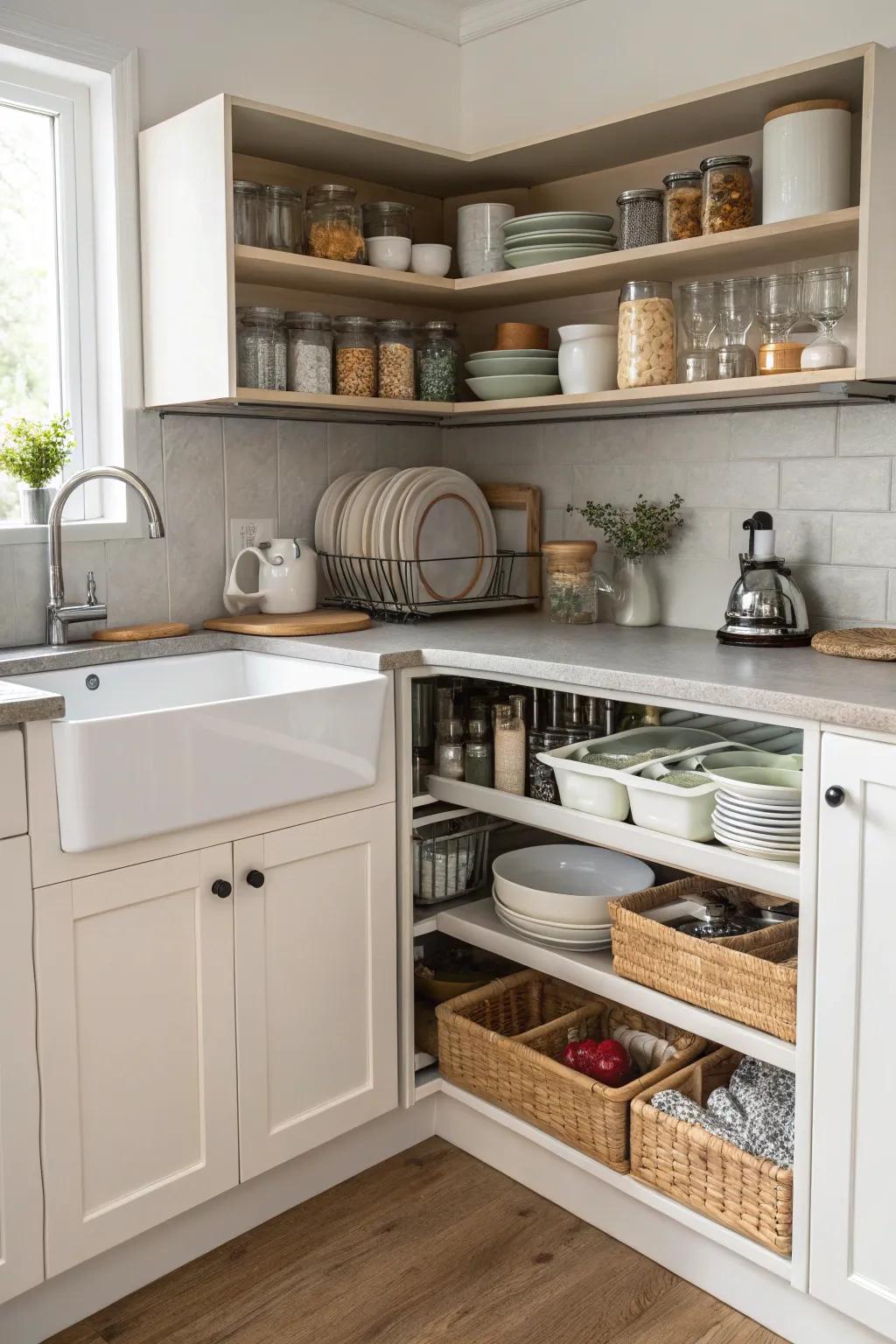 Corner shelves and cabinets offering great storage around a corner sink.