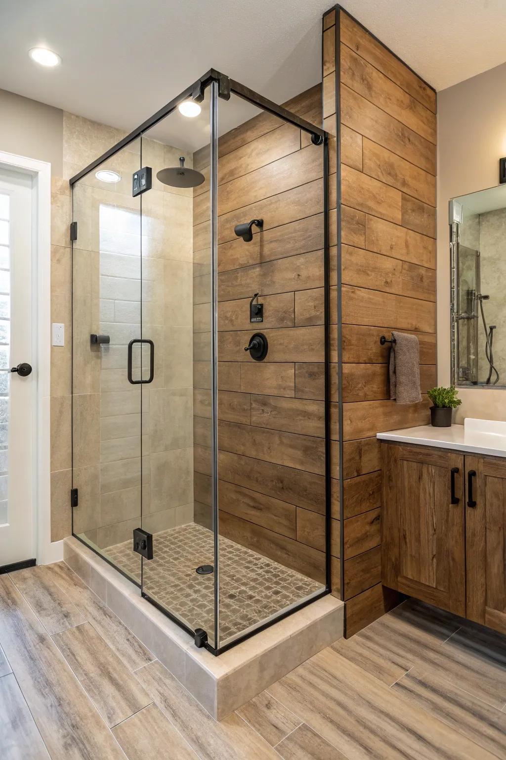 Timber-simulated tiles imbue your corner shower with warmth and coziness.
