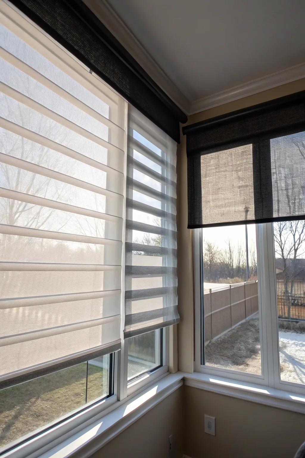 Double layered shades for versatile light control.