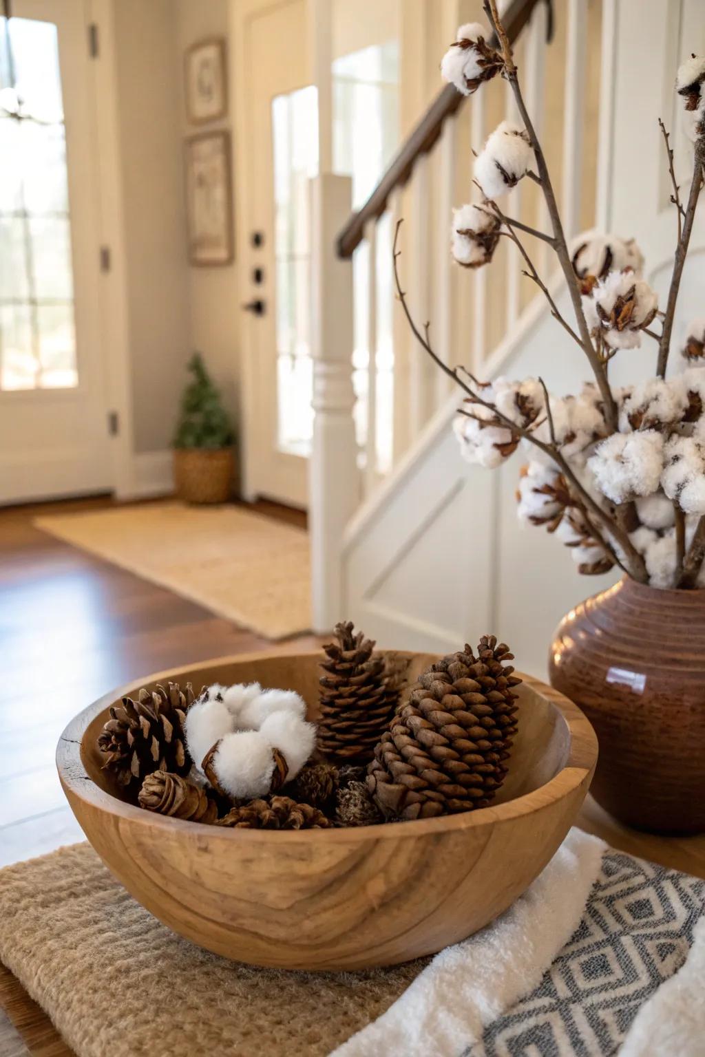 A comfortable doorway display showcasing cotton and pine cones.
