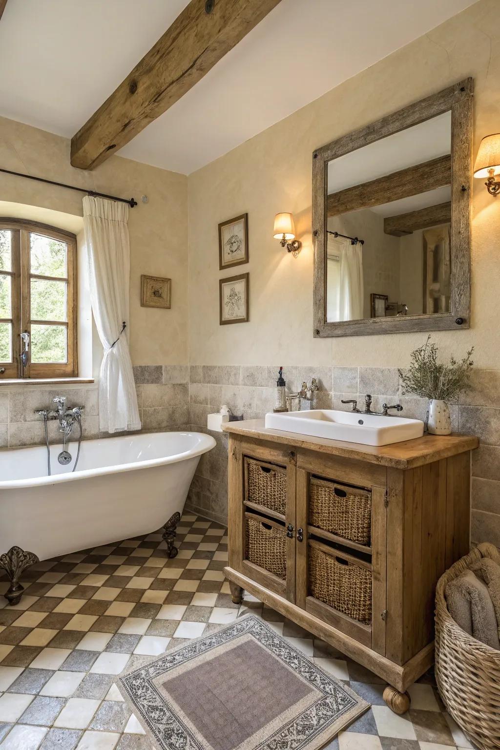 Neutral shades establish a tranquil ambiance in this country-themed bathroom.